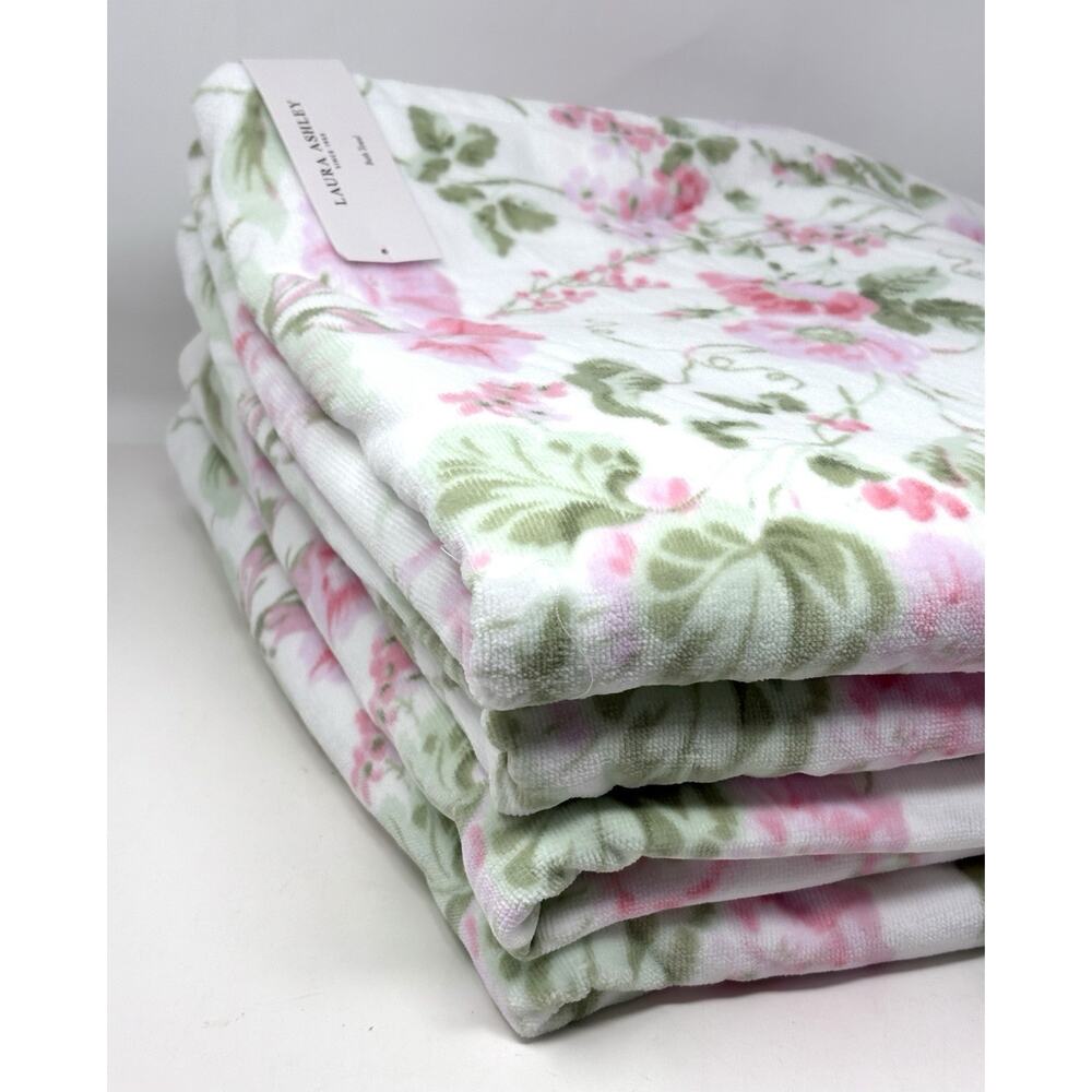 Laura Ashley Bath Towels Set Morning Gloria Floral 4 Pcs Pink Green White NWT - Picture 6 of 9